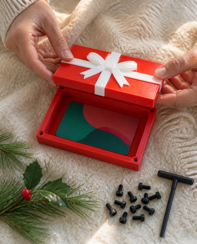 Het rode deksel gaat eraf en de cadeaukaart ligt in het vak.