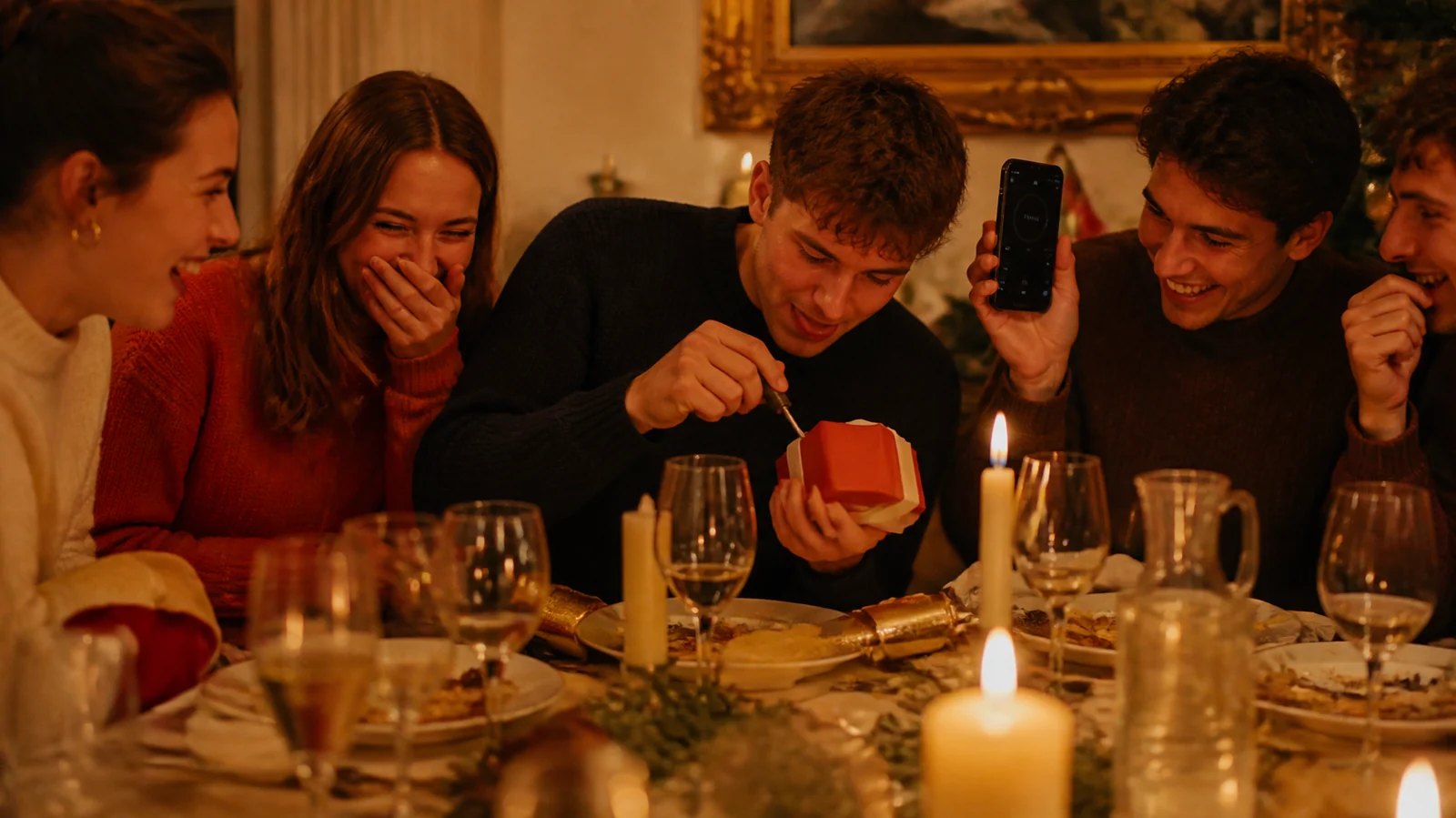 Vrienden aan het kerstdiner lachen terwijl iemand de doos probeert open te schroeven.